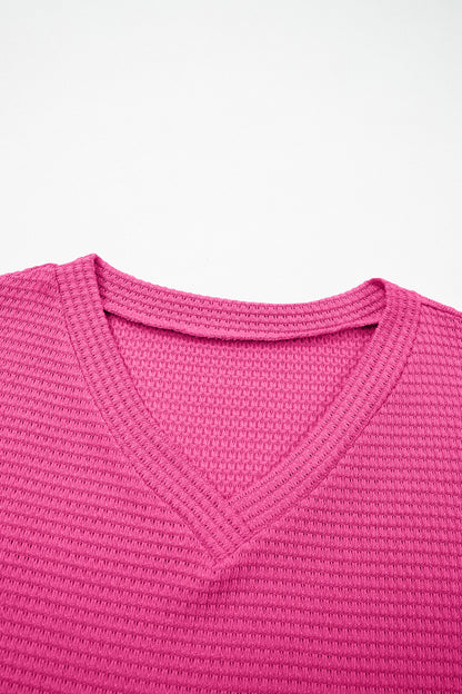 Solid Waffle Knit V-Neck Short Sleeve Top
