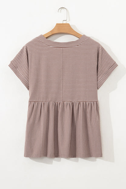 Stripe Buttoned V-Neck Short Sleeve T-Shirt