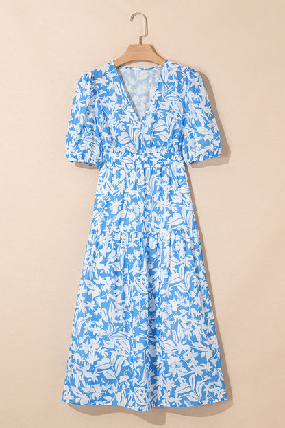 Floral V-Neck Puff Sleeve Flowy Maxi Dress