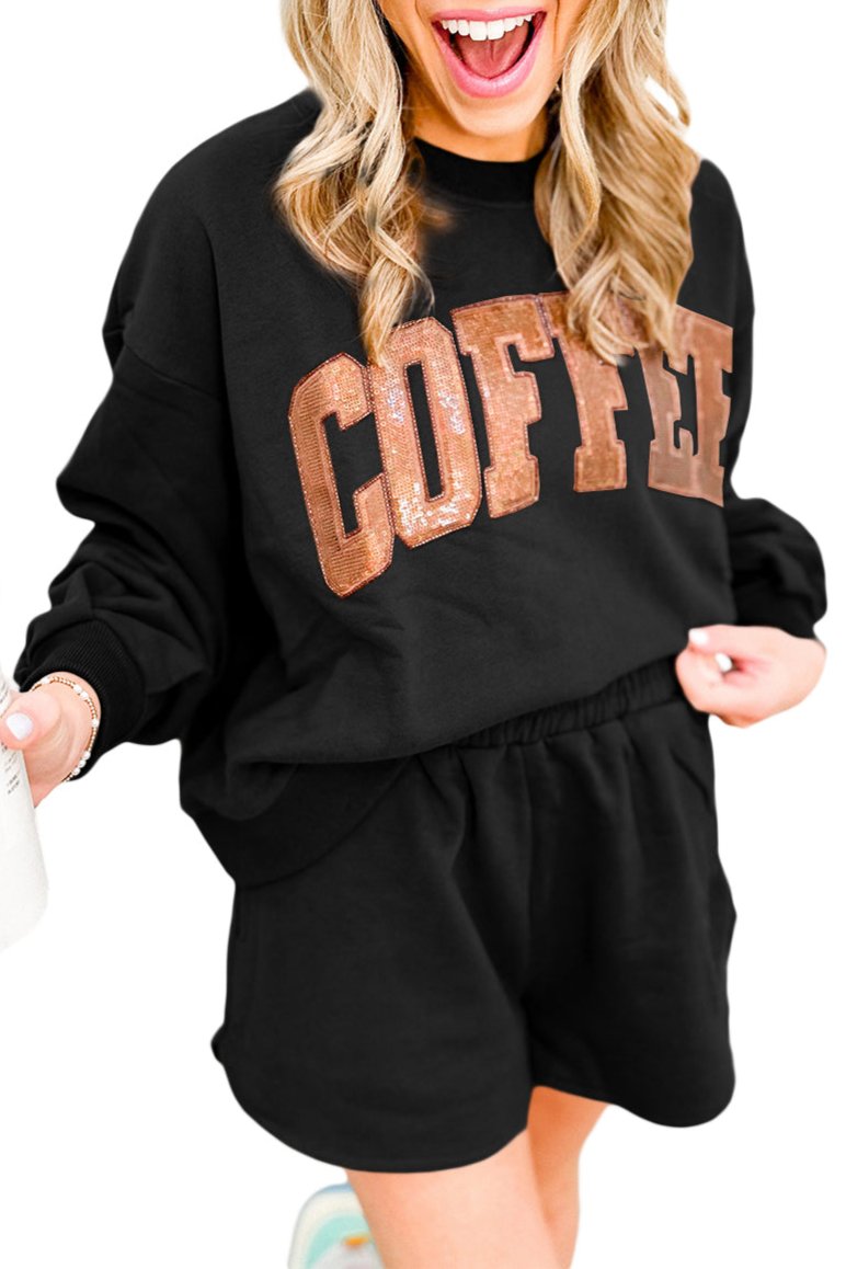 COFFEE Sequin Sweatshirt and Shorts Set