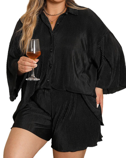 Pleated Top and Shorts Lounge Set Plus Size