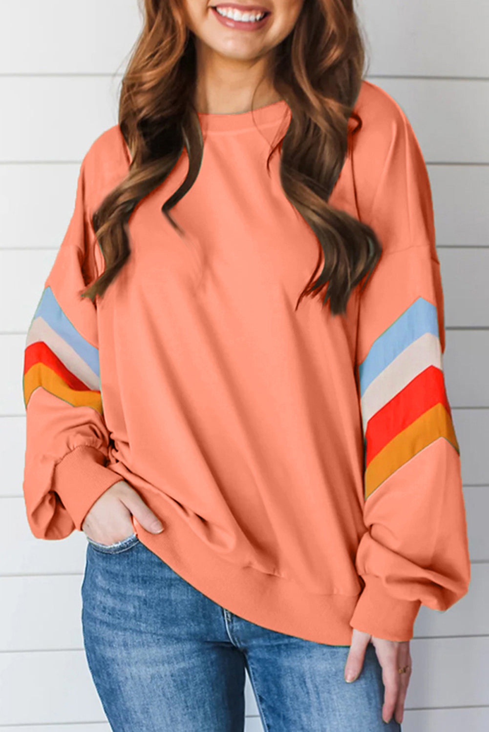 Rainbow Stripe Sleeve Crewneck Sweatshirt