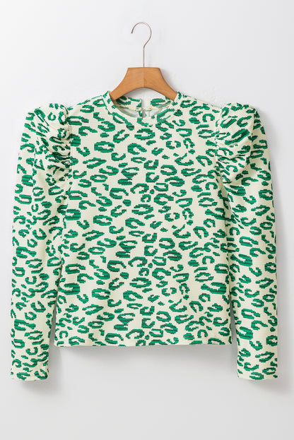 Leopard Mock Neck Puff Sleeve Top