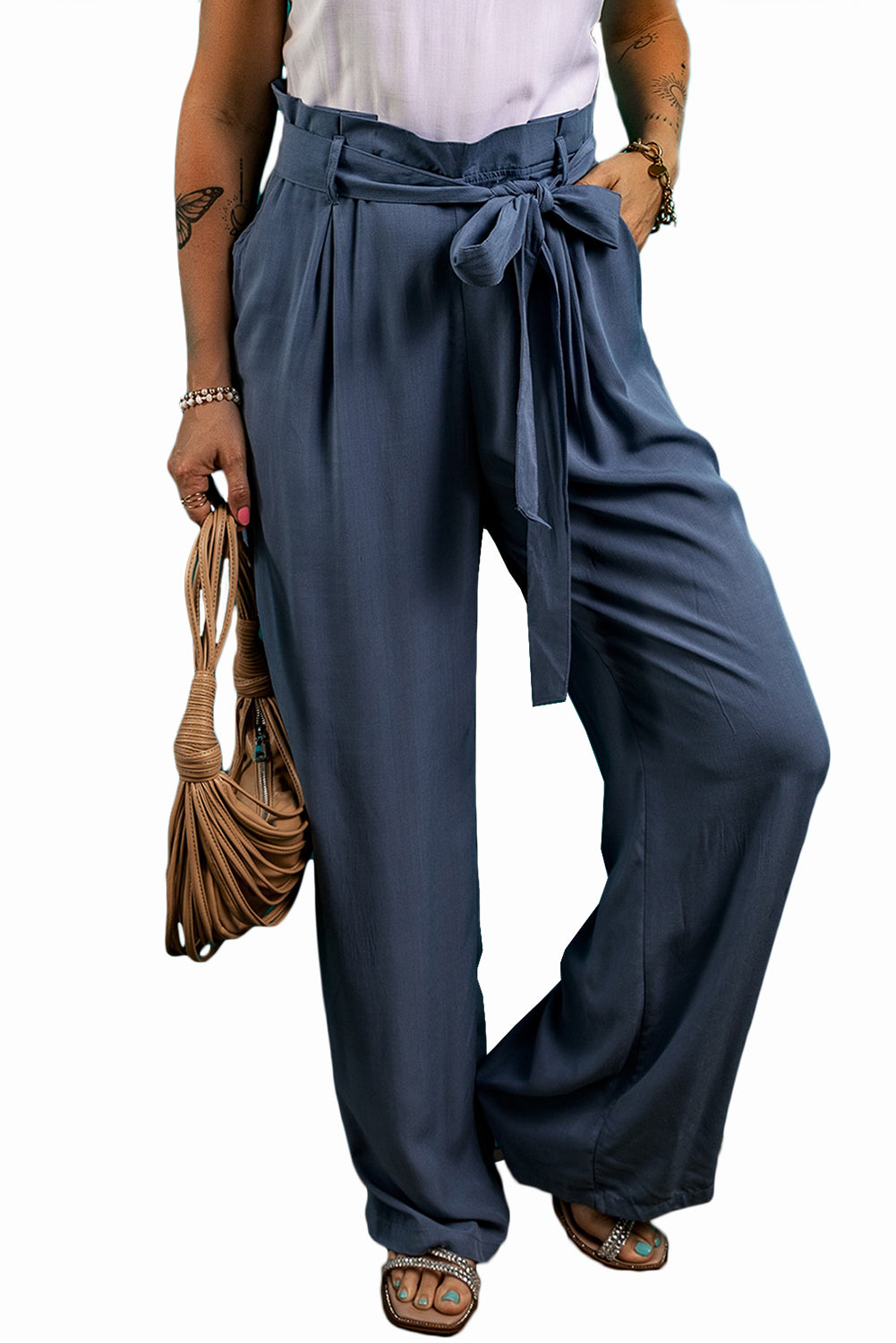 Belted Frilled Waist Wide Leg Pants