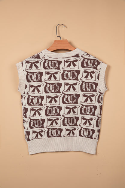 Western Horseshoe Bow Pattern Button Front Sleeveless Knit Top
