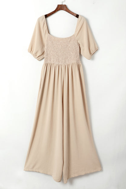 Short Bubble Sleeve Smocked Wide Leg Jumpsuit