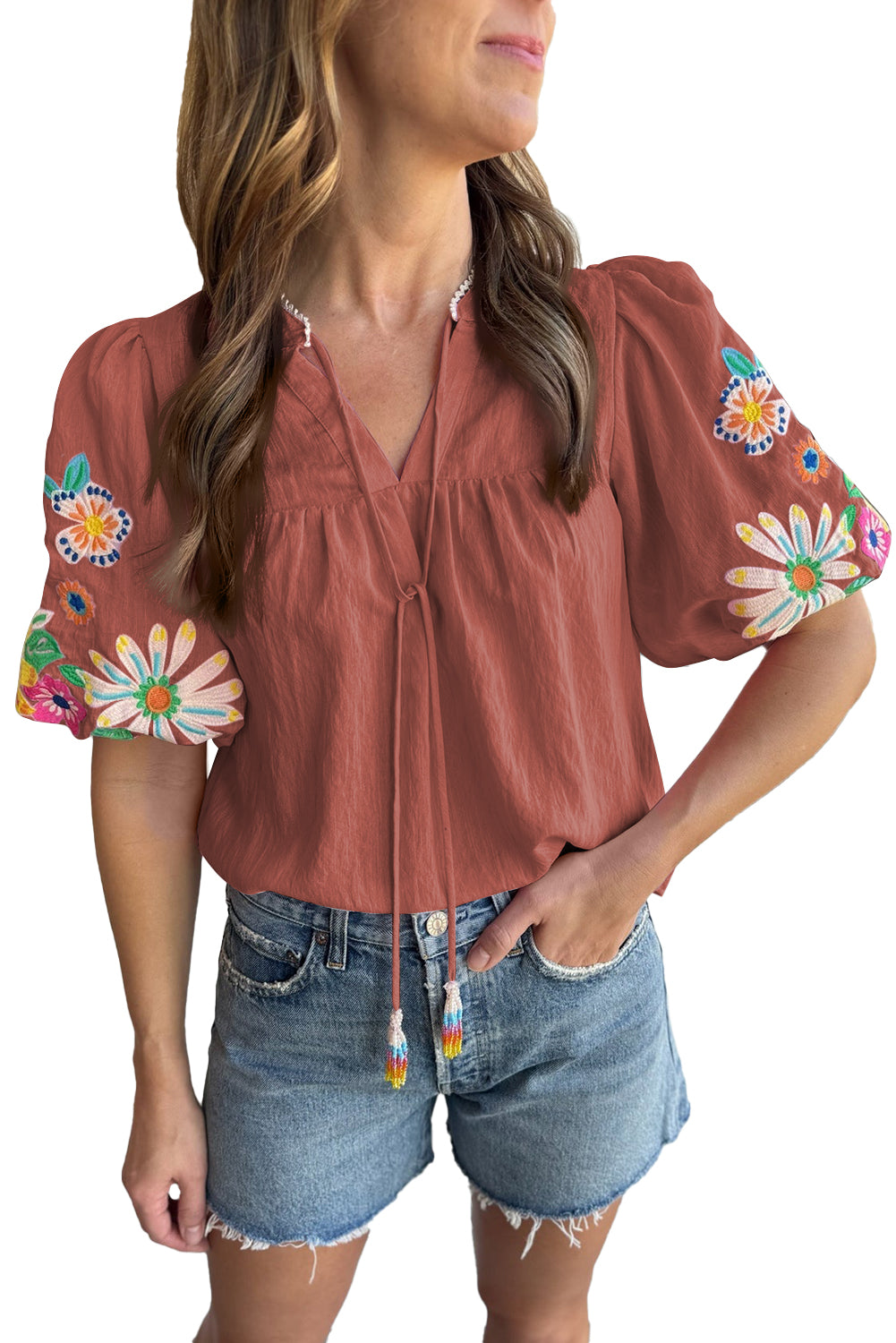 Floral Embroidered Puff Sleeve Blouse