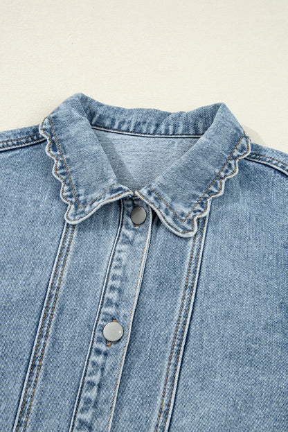 Solid Denim Scallop Collar Patch Pocket Buttoned Jacket