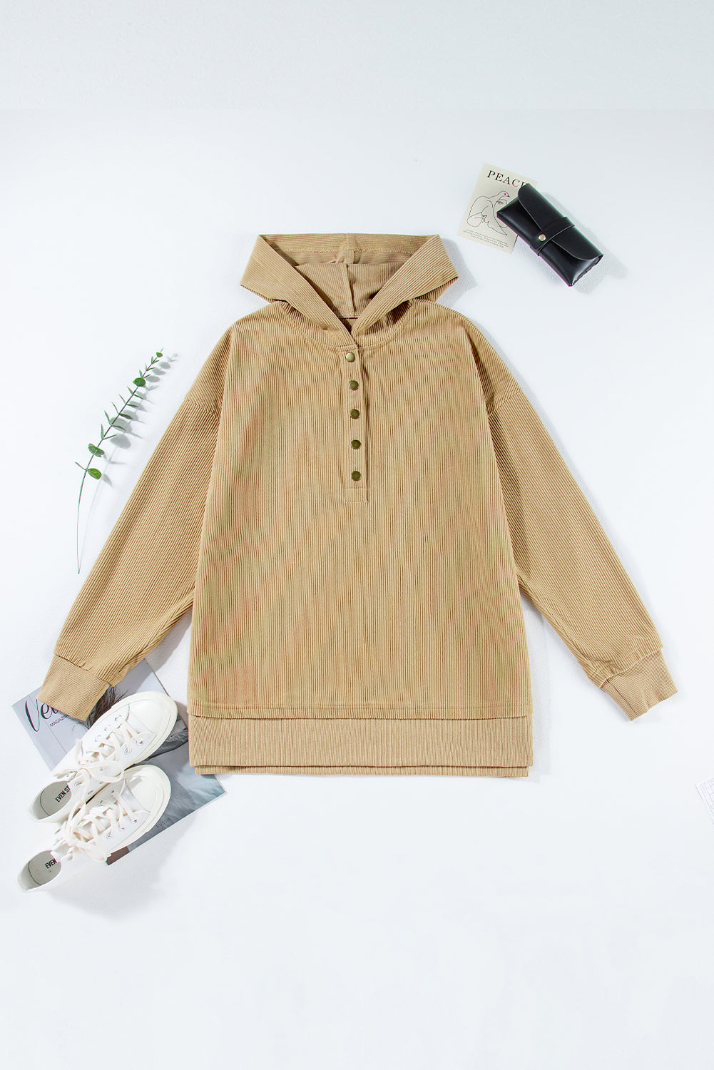 Solid Ribbed Knit Buttoned Hoodie