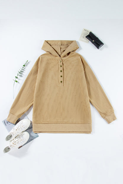 Solid Ribbed Knit Buttoned Hoodie