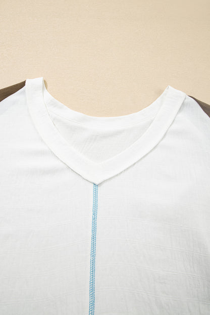 Plus Size Colorblock Lace Patchwork Balloon Sleeve Top