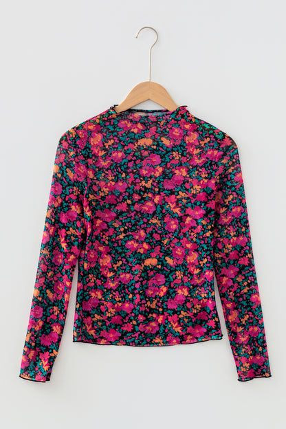 Floral Mesh Long Sleeve Mock Neck Top