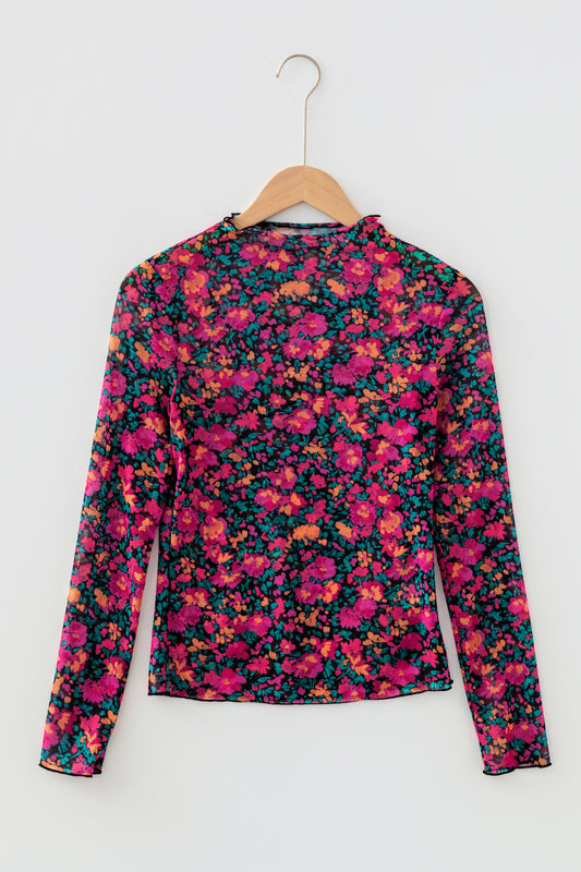 Floral Mesh Long Sleeve Mock Neck Top