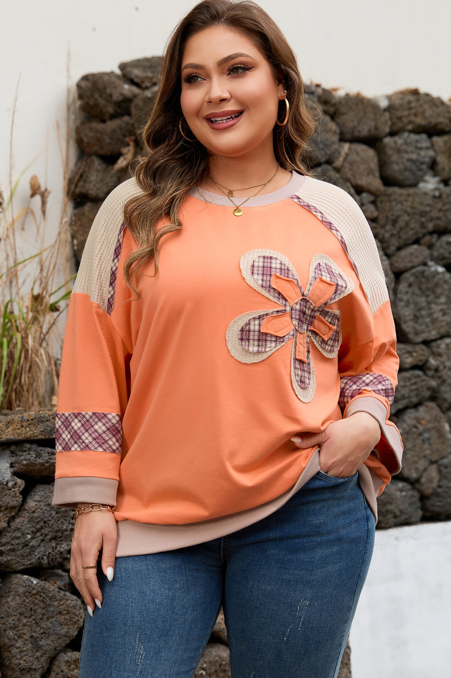 Plus Size Plaid Flower Patchwork 3/4 Sleeve Top