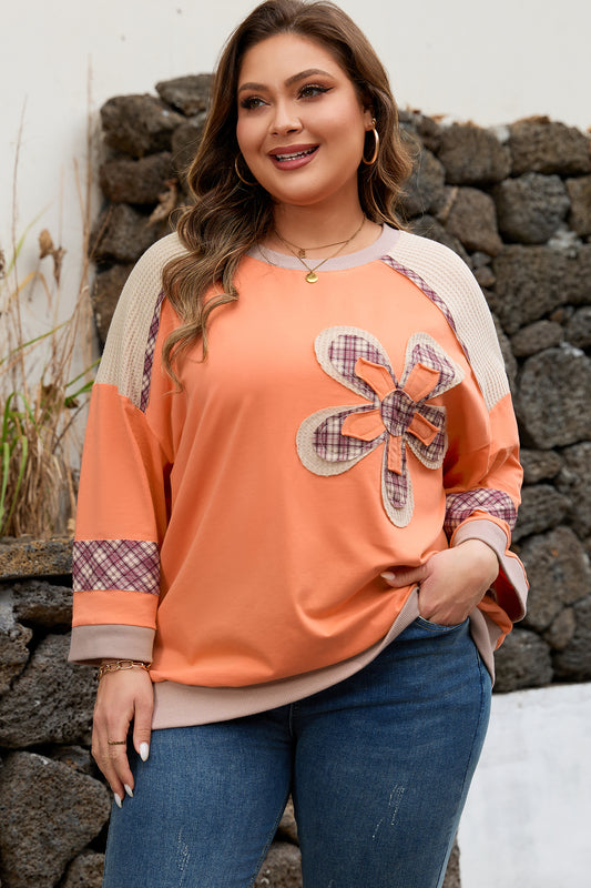 Plus Size Plaid Flower Patchwork 3/4 Sleeve Top
