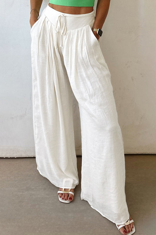 Solid Drop Waist Pleated Wide Leg Pants