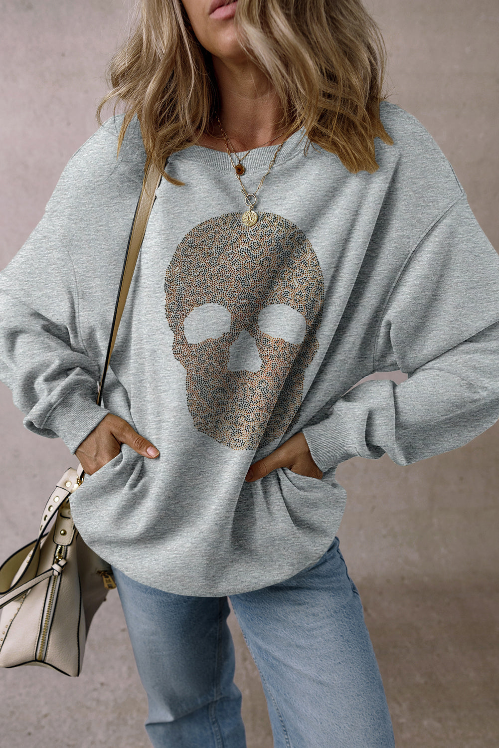 Rhinestone Skull Drop Shoulder Sweatshirt