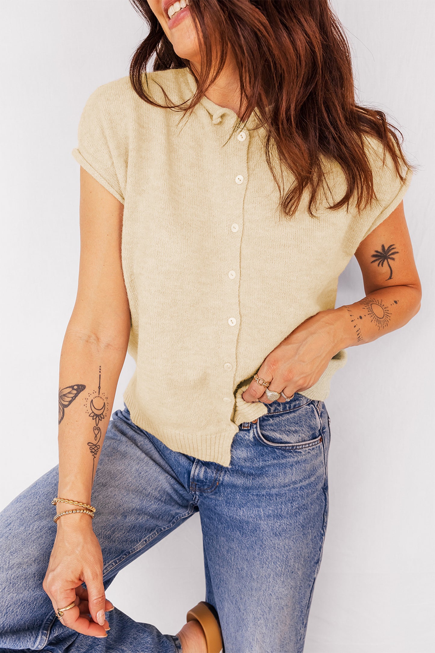 Solid Button-Front Rolled Hem Sweater Top