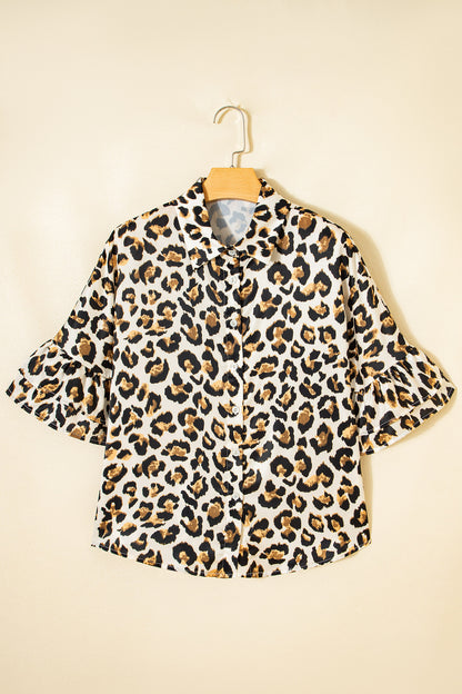 Leopard Ruffle Trim 3/4 Sleeve Buttoned Shirt