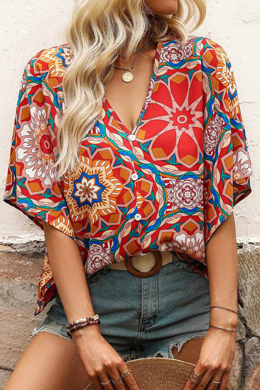 Floral Batwing Sleeve V-Neck Blouse