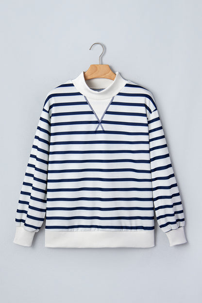 Stripe Ribbed Trim Stand Neck Long Sleeve Sweatshirt
