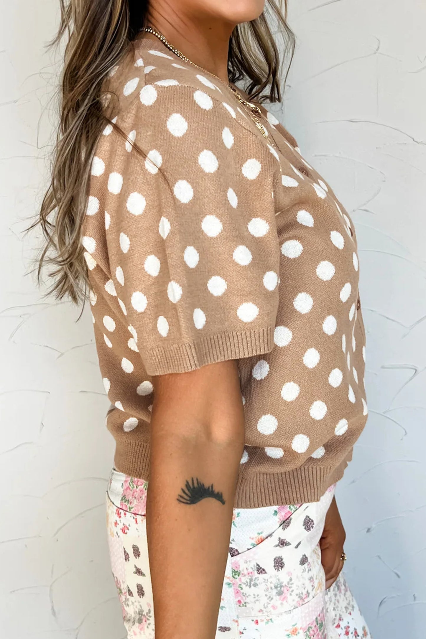 Polka Dot Short Sleeve Buttoned Sweater Cardigan