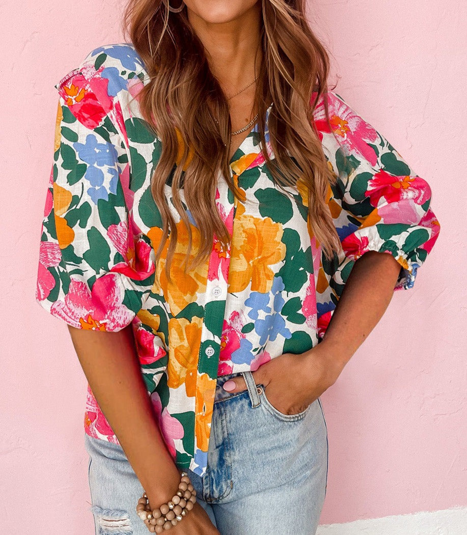 Floral Puff Sleeve Button-Up Top