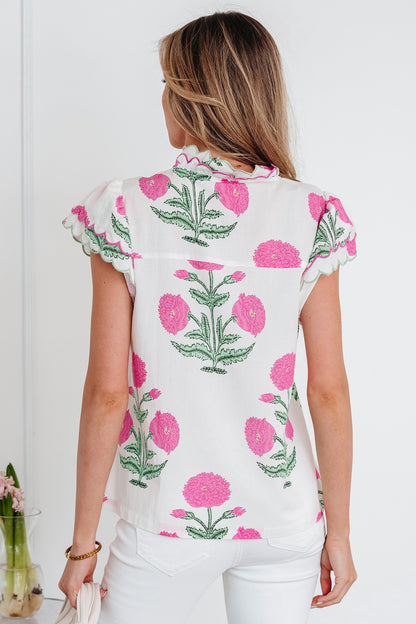 Flower Scallop Contrast Trim Short Sleeve Blouse