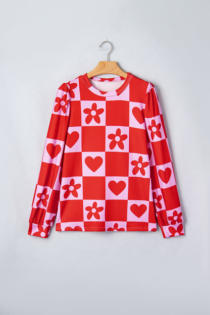 Valentine Heart & Flower Checker Long Sleeve Blouse
