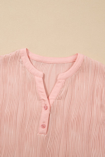 Wavy Textured Button V-Neck Cap Sleeve Tee