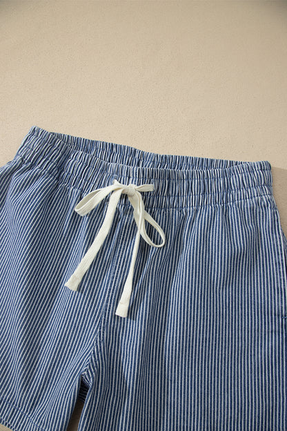 Stripe Denim Drawstring Elastic Waist Shorts