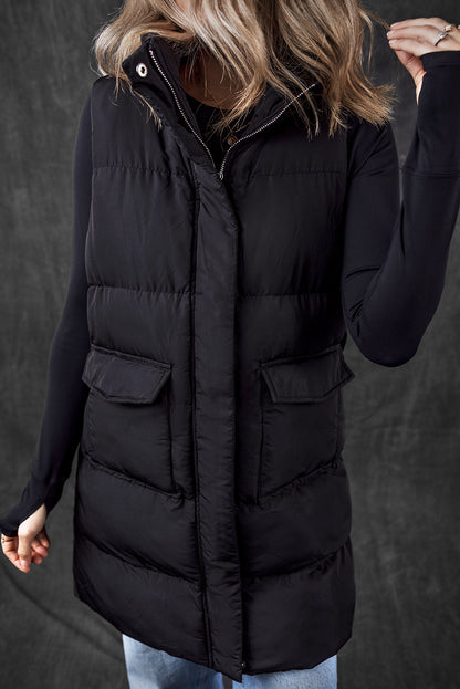 Zip Up Pocketed Longline Puffer Vest