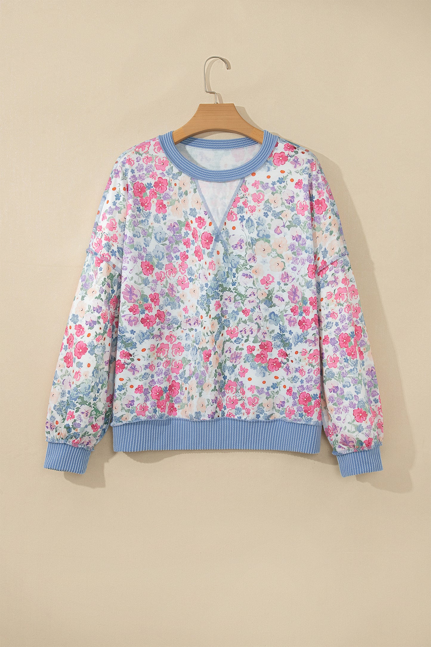 Floral Reverse Seam Drop Shoulder Long Sleeve Top