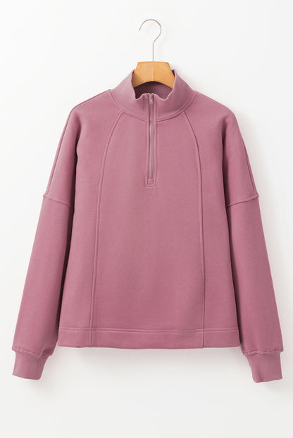 Solid Zipped Neck Drop Shoulder Sweatshirt
