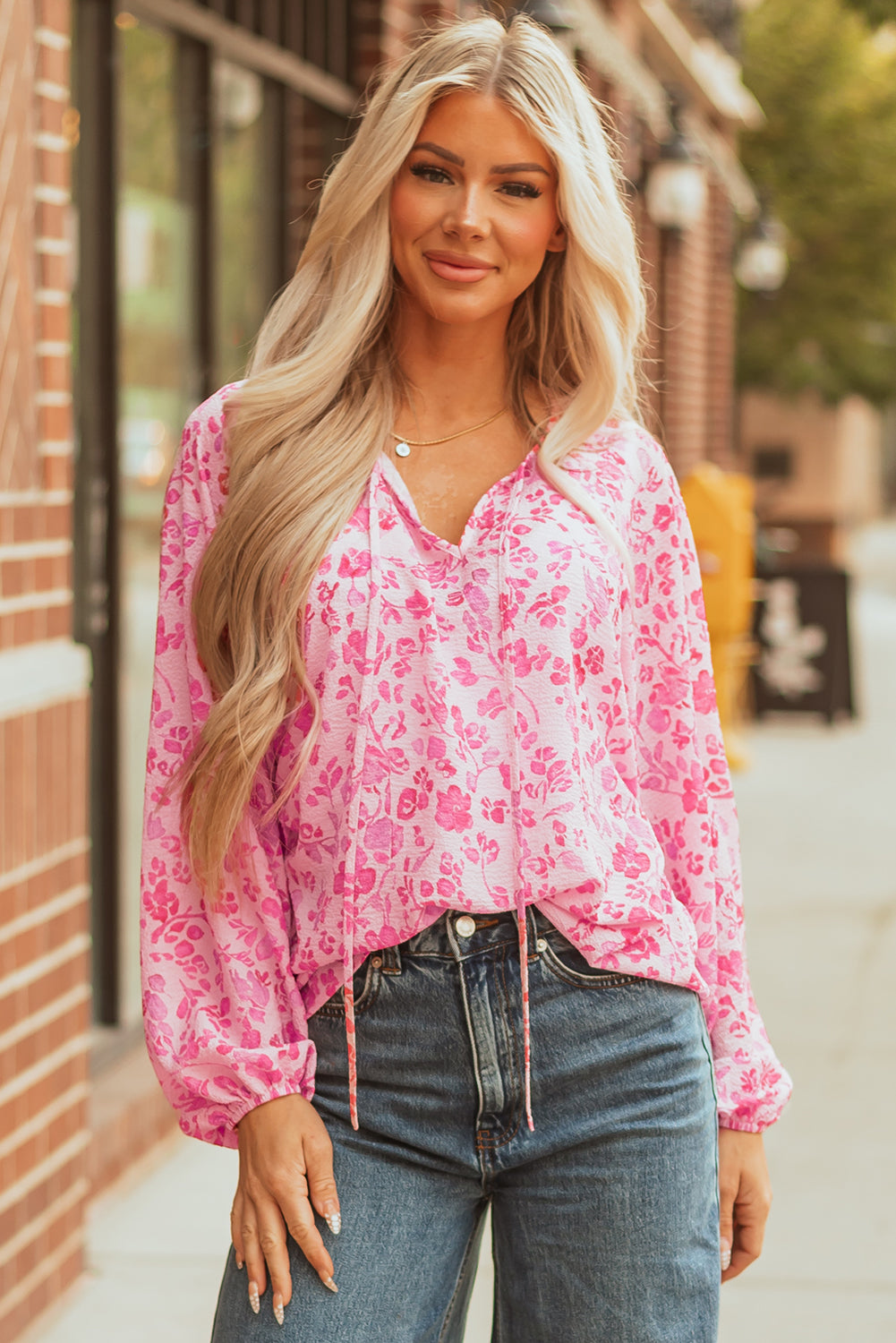 Floral Puff Sleeve Split Neck Lightweight Blouse