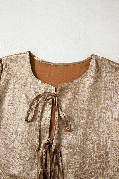 Metallic Tied Front Long Sleeve Babydoll Blouse