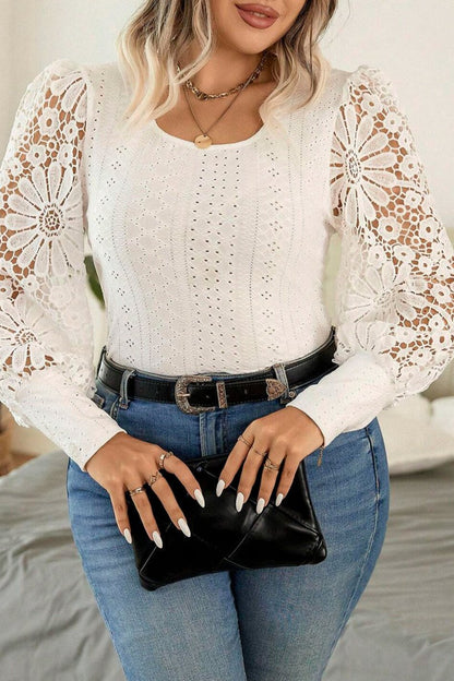 Plus Size Floral Lace Lantern Sleeve Blouse