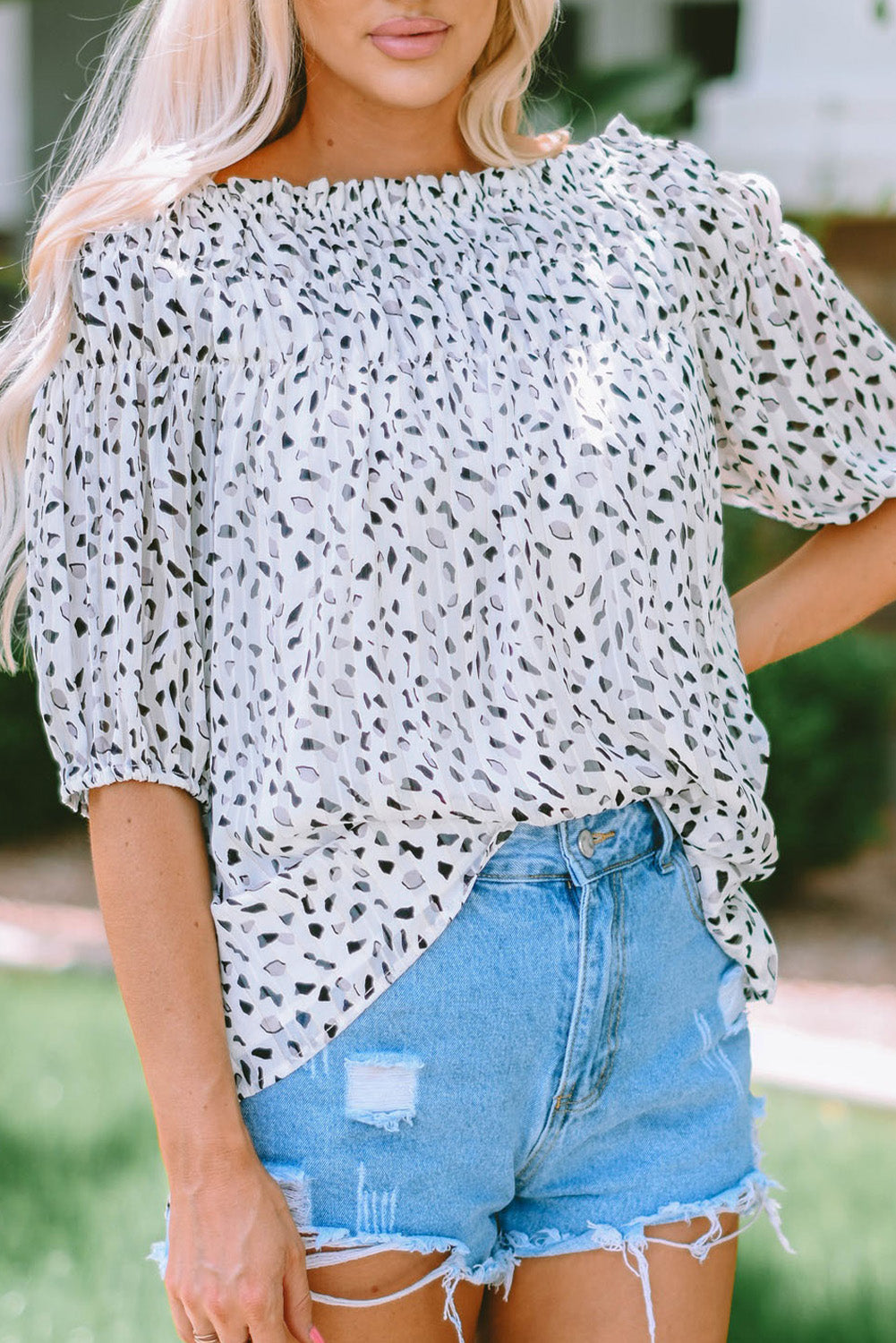 Leopard Off Shoulder Puff Sleeve Blouse