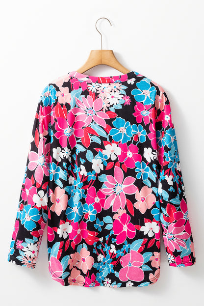 Floral V-Neck Tab Sleeve Blouse