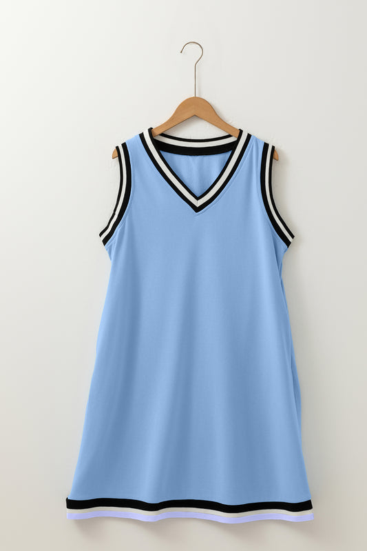 Solid Contrast Trim V-Neck Sleeveless Mini Dress