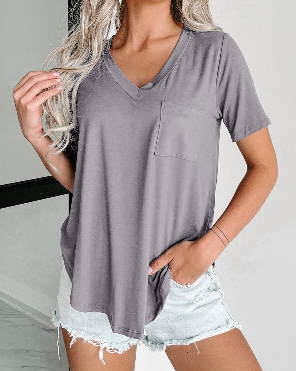 Pocketed V-Neck Rounded Hem Tee