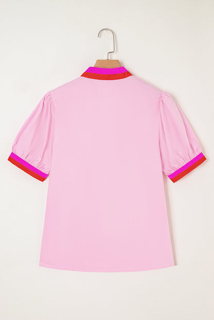 Contrast Stripe V-Neck Short Puff Sleeve Blouse