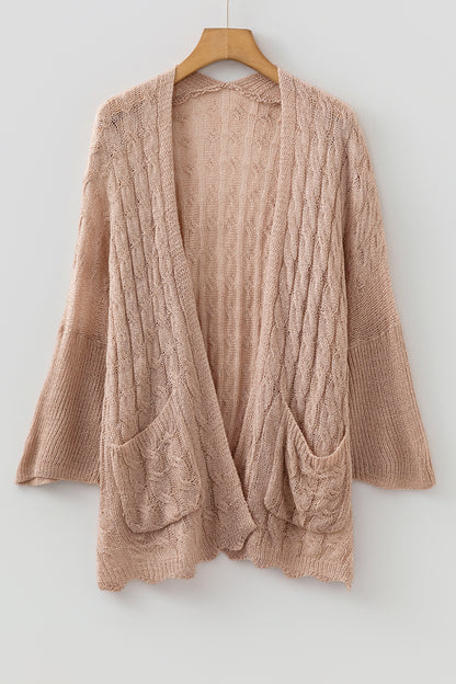 Solid Hollowed Knit Drop Shoulder Open Cardigan