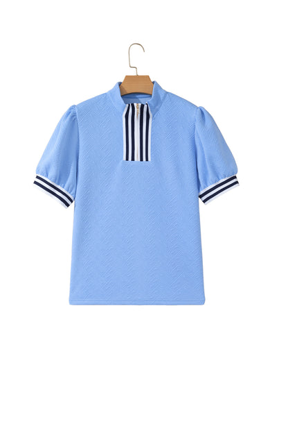 Stripe Trim Split Neck Puff Sleeve Textured Top