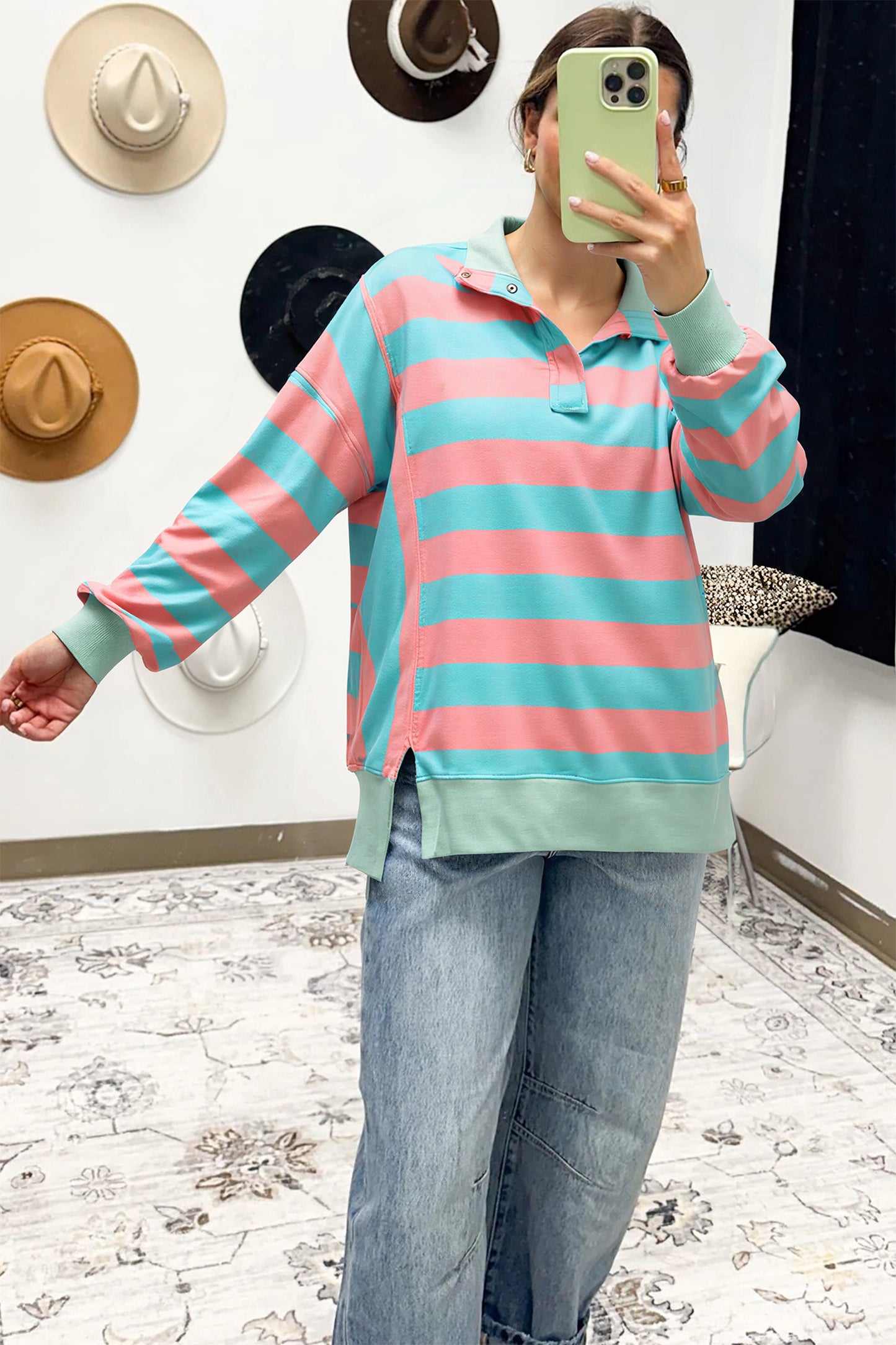 Colorblock Stripe Buttoned Collar Side Slit Top