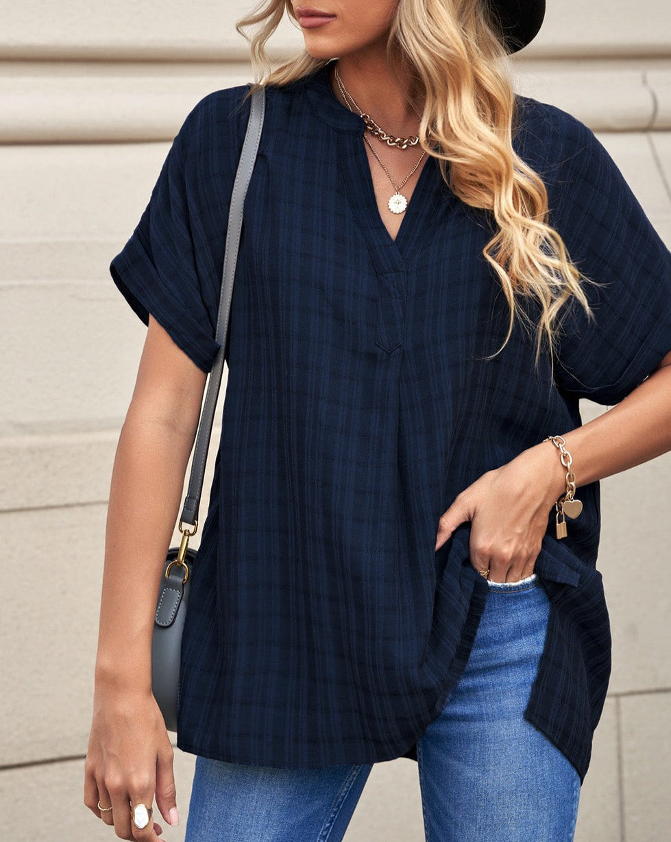 Plaid Split Hem V-Neck Shirt