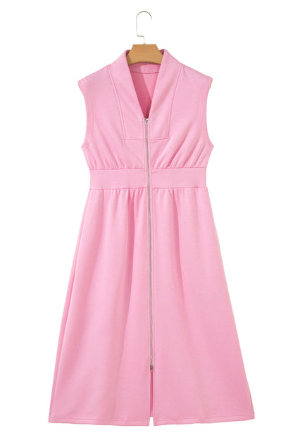 Solid Zip Up V-Neck Sleeveles Midi Dress