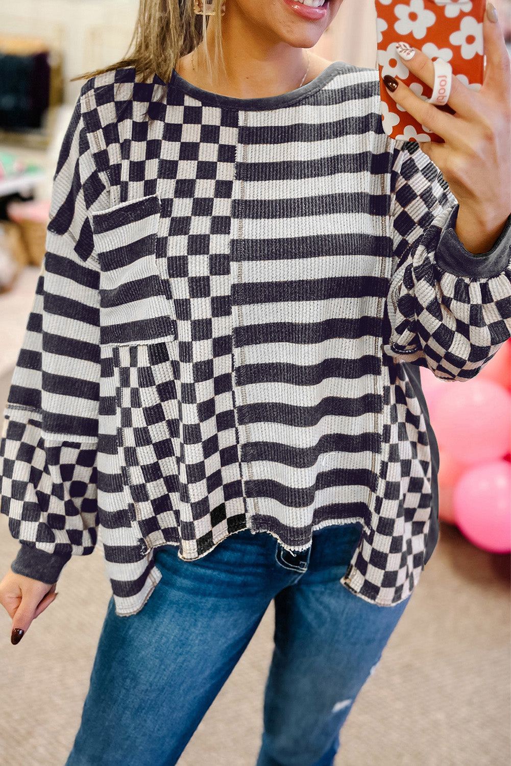 Checker Stripe Patchwork Pocketed Blouse