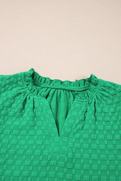 Textured Short Puff Sleeve Notch V-Neck Top