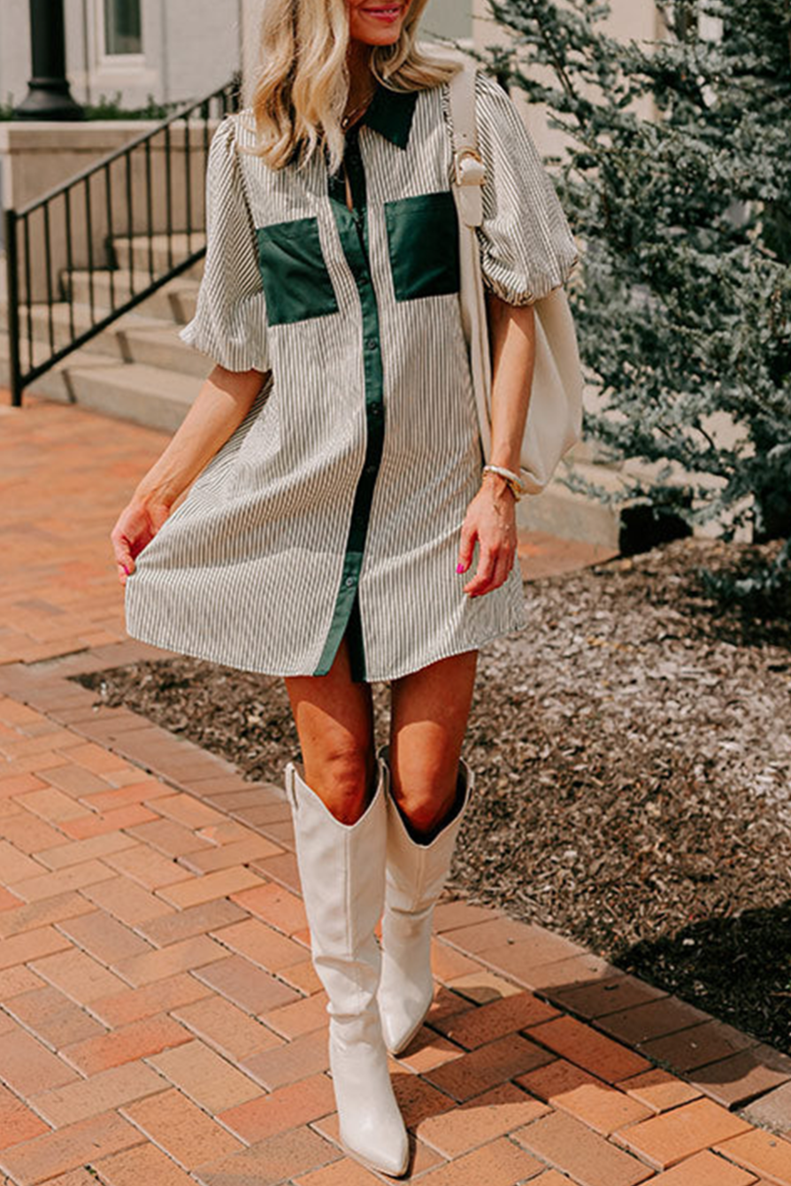 Stripe Puff Sleeve Buttoned Dress